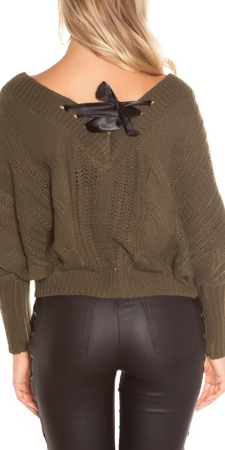 xl v-hals gebreide sweater-trui met veter khaki